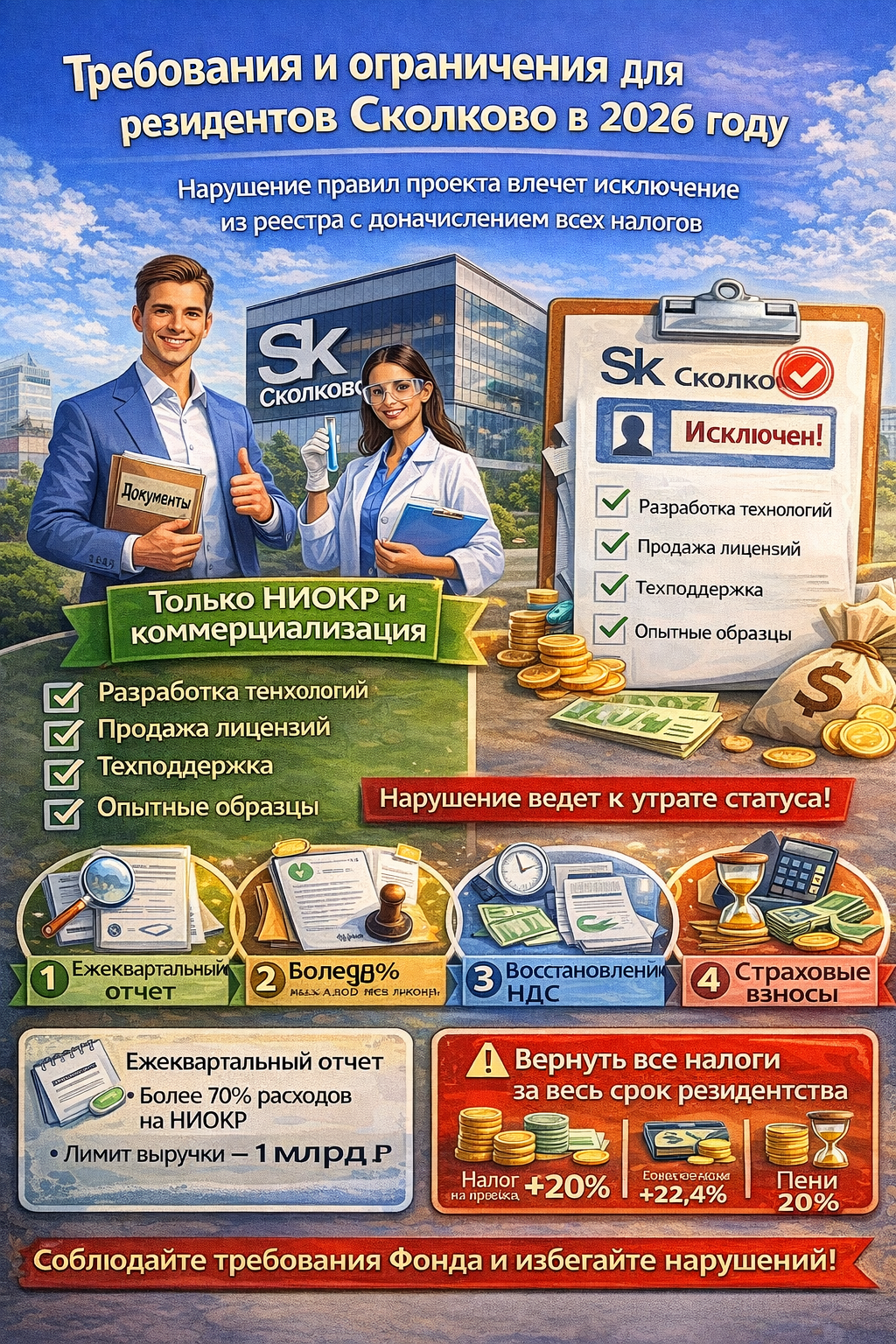 Требования и ограничения участников «Сколково» 2026: лимиты, отчётность, логотип